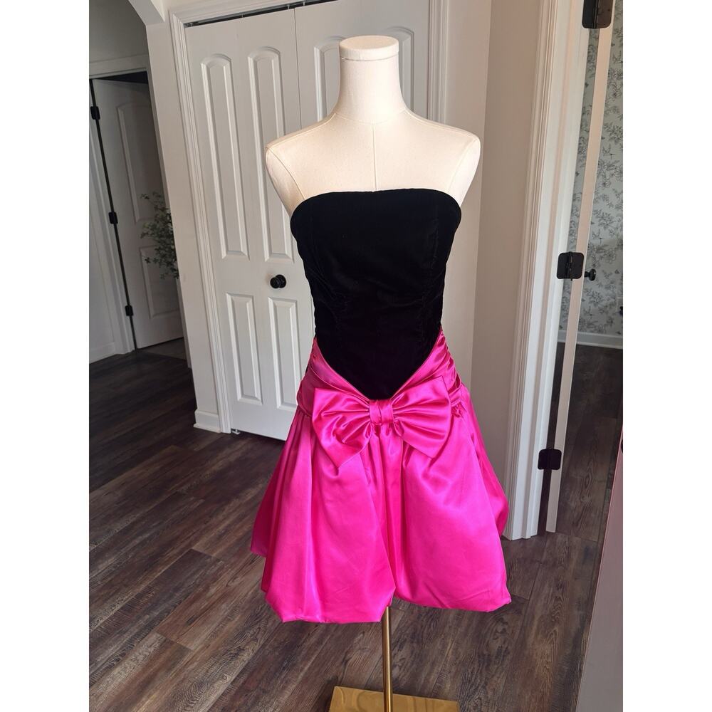 Vtg Scarlett Nite Prom Dress Pink Black Velvet Short Bubble Strapless Bow 7/8